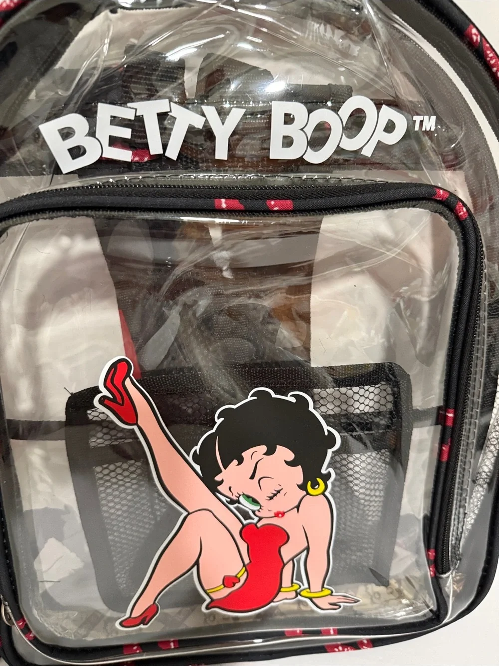 Betty Boop Large Clear Backpack with Black Trim and Red Graphic